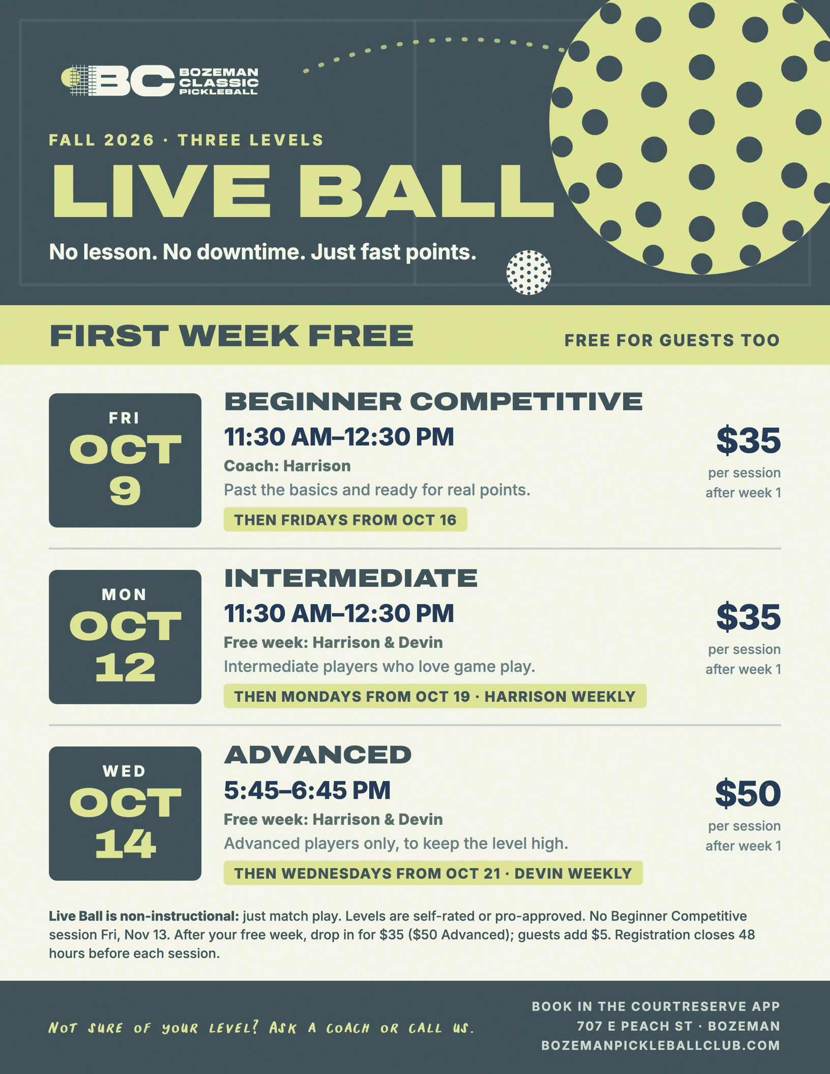 Live Ball flier: first week free for Beginner Competitive (Fri Oct 9), Intermediate (Mon Oct 12) and Advanced (Wed Oct 14).