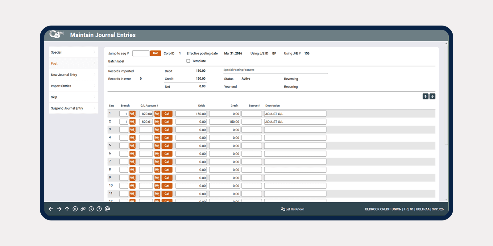 CU*NorthWest CBX accounting and back office credit union core banking system screenshot
