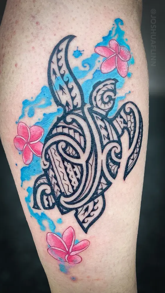 watercolor polynesian turtle honu plumeria leg tattoo