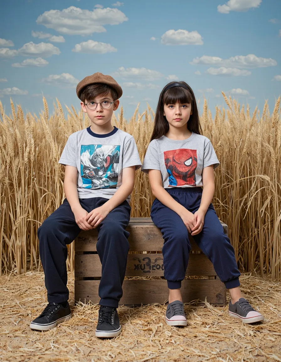 Two children sitting on a wooden crate in a golden wheat field under blue skies, wearing graphic t-shirts and navy pants