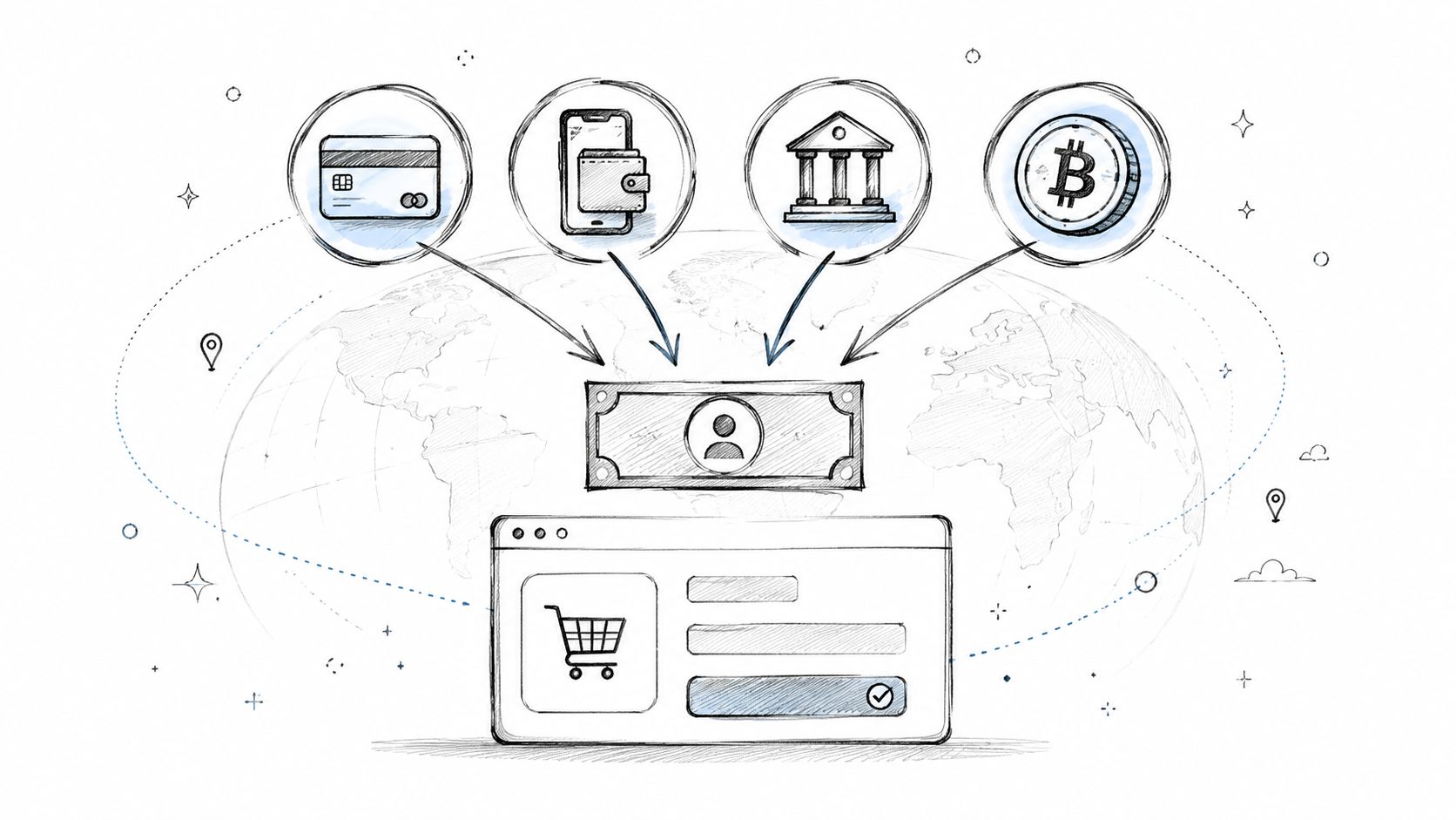 An illustration showing various financial payment methods flowing into a central digital wallet for online purchasing.