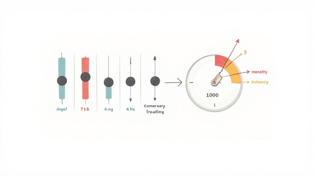 Diagram showing multiple vertical input sliders converging into a circular data visualization dial with score indicators.