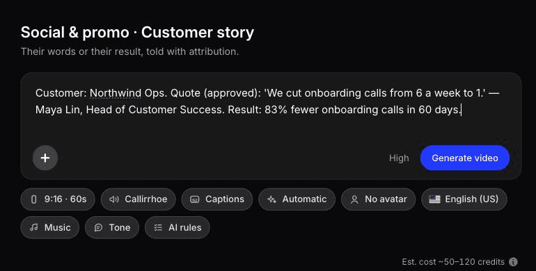 Social & promo, Customer story: an approved quote, the customer's name and title, and one result typed into the prompt