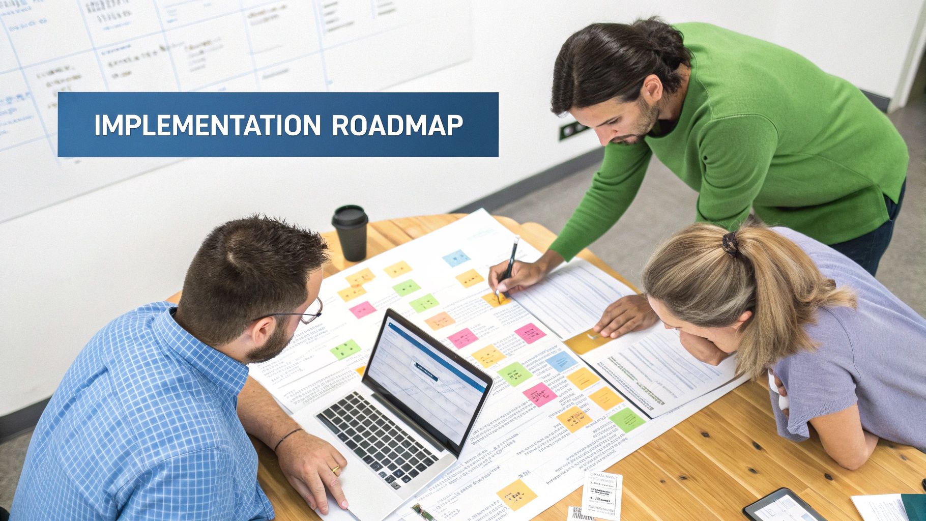 Team collaborating on a detailed implementation roadmap spread across a large table with a laptop.
