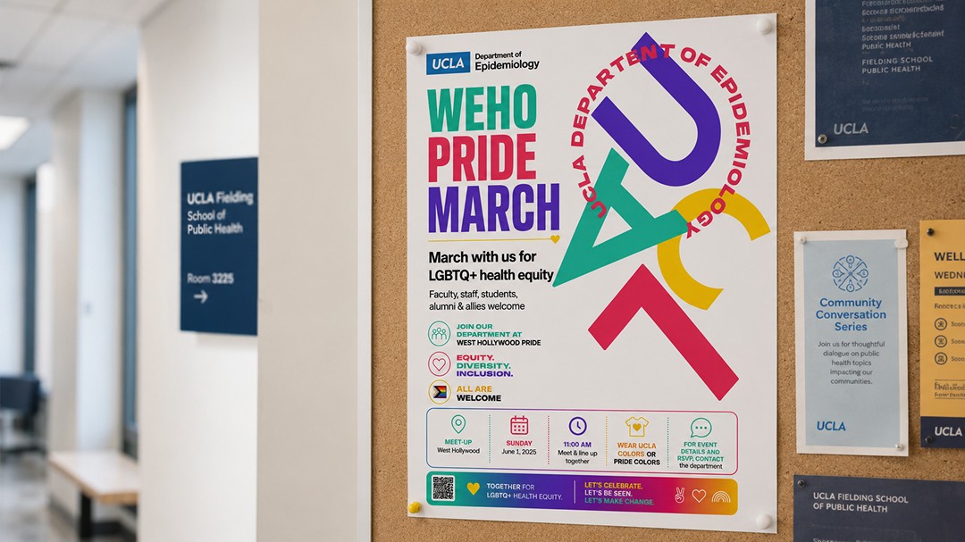 WeHo Pride March flyer pinned to a UCLA Fielding School bulletin board with campus notices nearby.