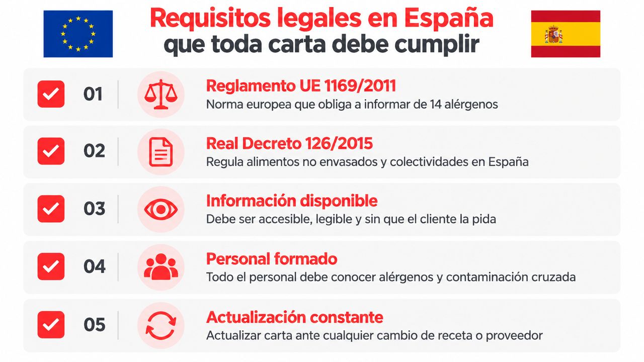 Infografía sobre los requisitos legales en España para las cartas de alérgenos en establecimientos de hostelería.