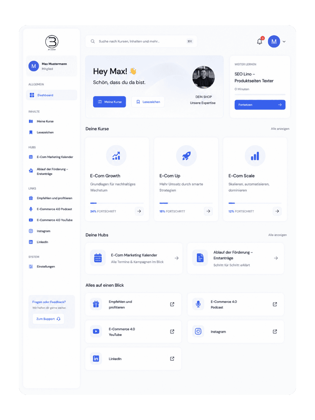 Business dashboard showing revenue, deals, customer list, growth chart, and new activity. 