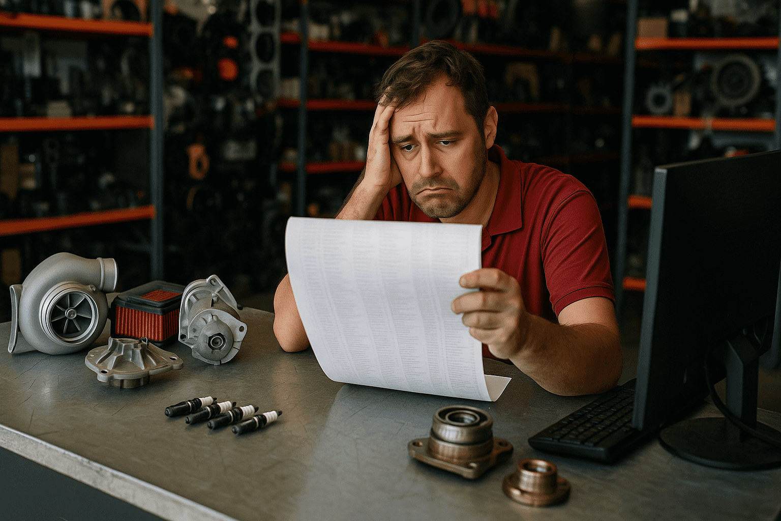 Vendedor de autopeças sentado em uma mesa de alumínio desgastada, cercado por peças como rolamentos e filtros, olhando para uma lista grande de pedidos com expressão de cansaço, em meio a um ambiente de loja de autopeças cheio de prateleiras e produtos ao fundo.