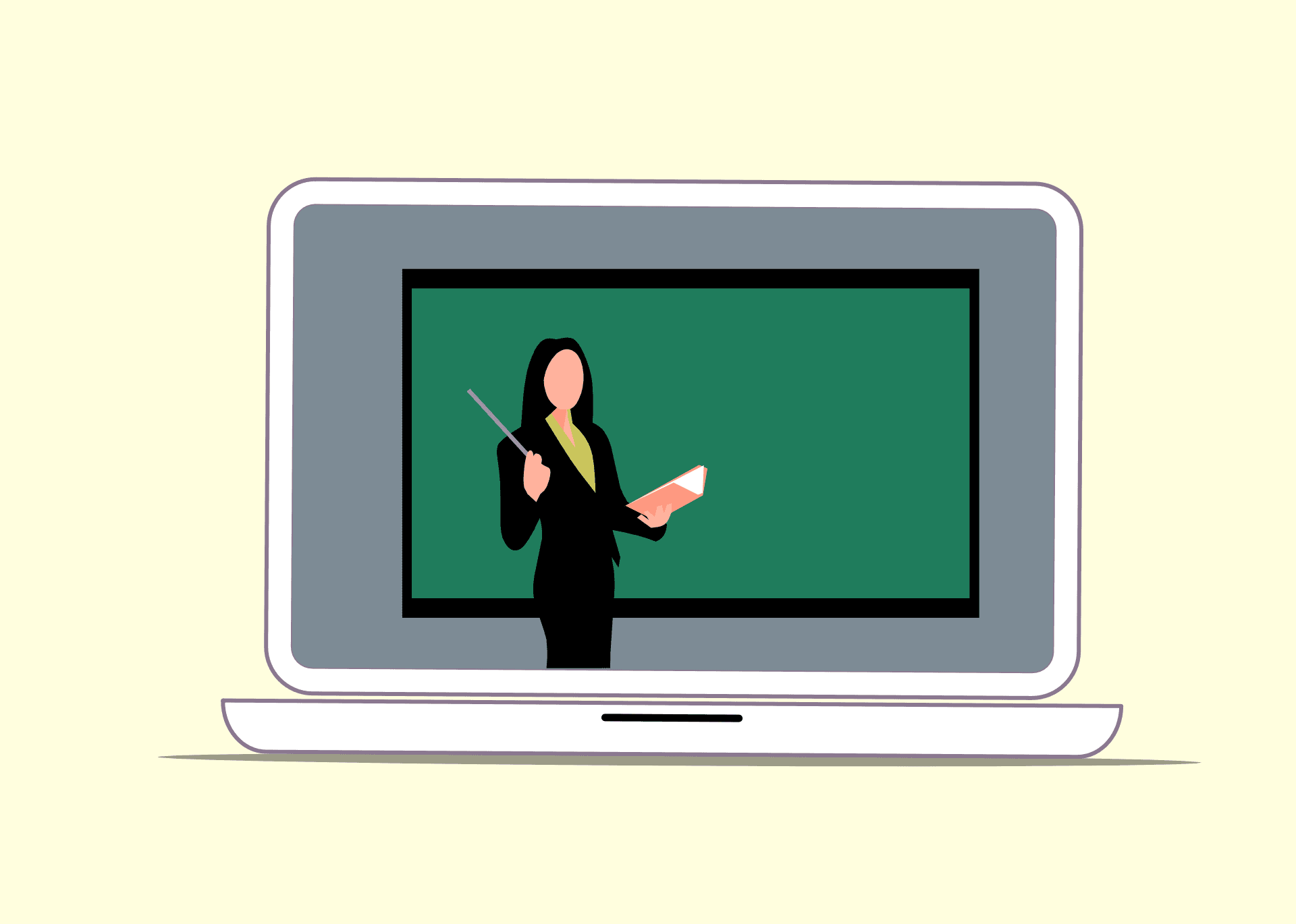 teacher in front of a blackboard on a laptop