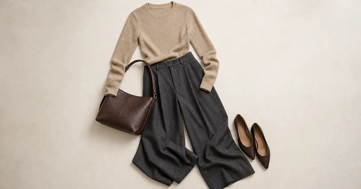 fitted knit + wide-leg trousers + pointed flats arranged on a warm ivory background