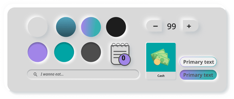 Sample of a branding and design system showcasing a palette of circular color swatches in shades of purple, teal, black, and white. Includes interactive UI elements such as a search bar with placeholder text 'I wanna eat...', a numeric counter with '+' and '-' buttons set at '99', a notepad icon indicating '0' items, a cash payment option with an image of bills and coins, and buttons styled with gradient effects labeled 'Primary text'