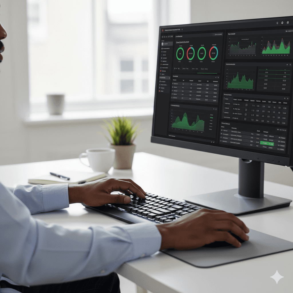 A black admin configuring a dashboard in the office