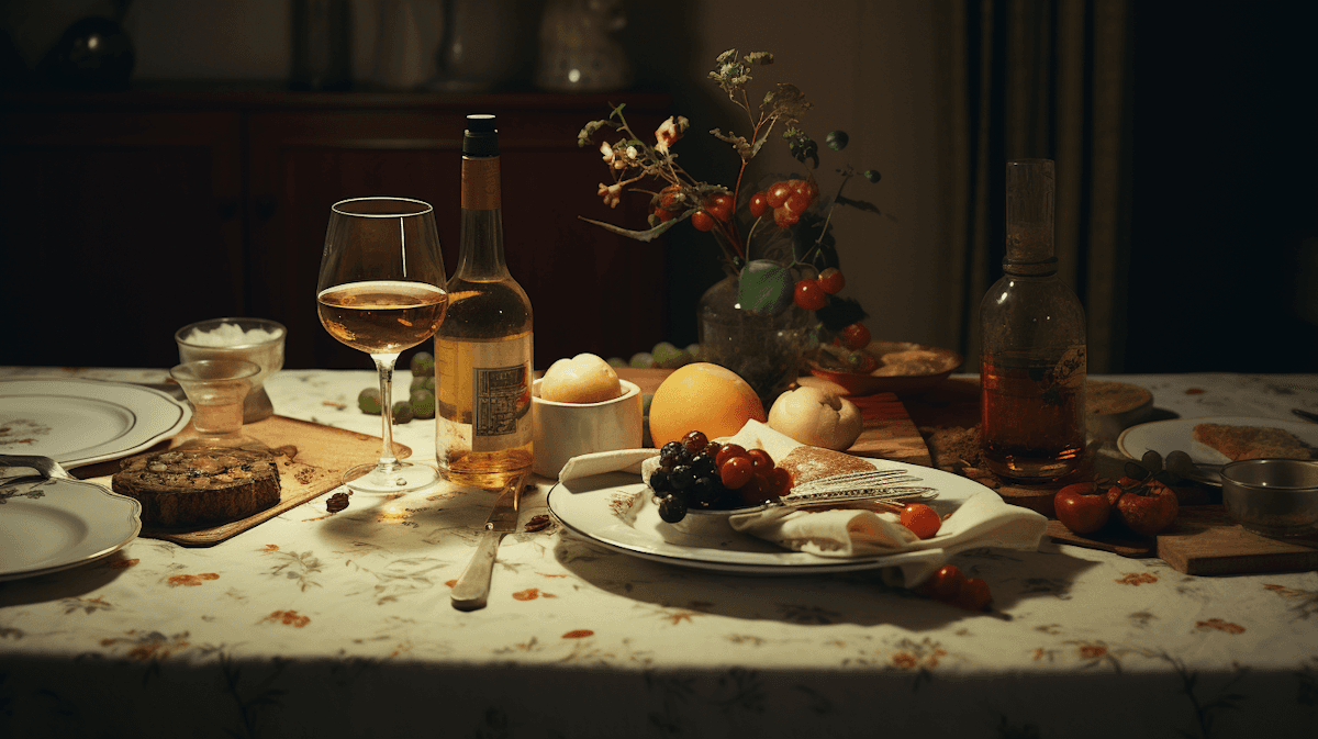 A cluttered dining table with plates, glasses, and food remnants, illuminated by soft, warm lighting.