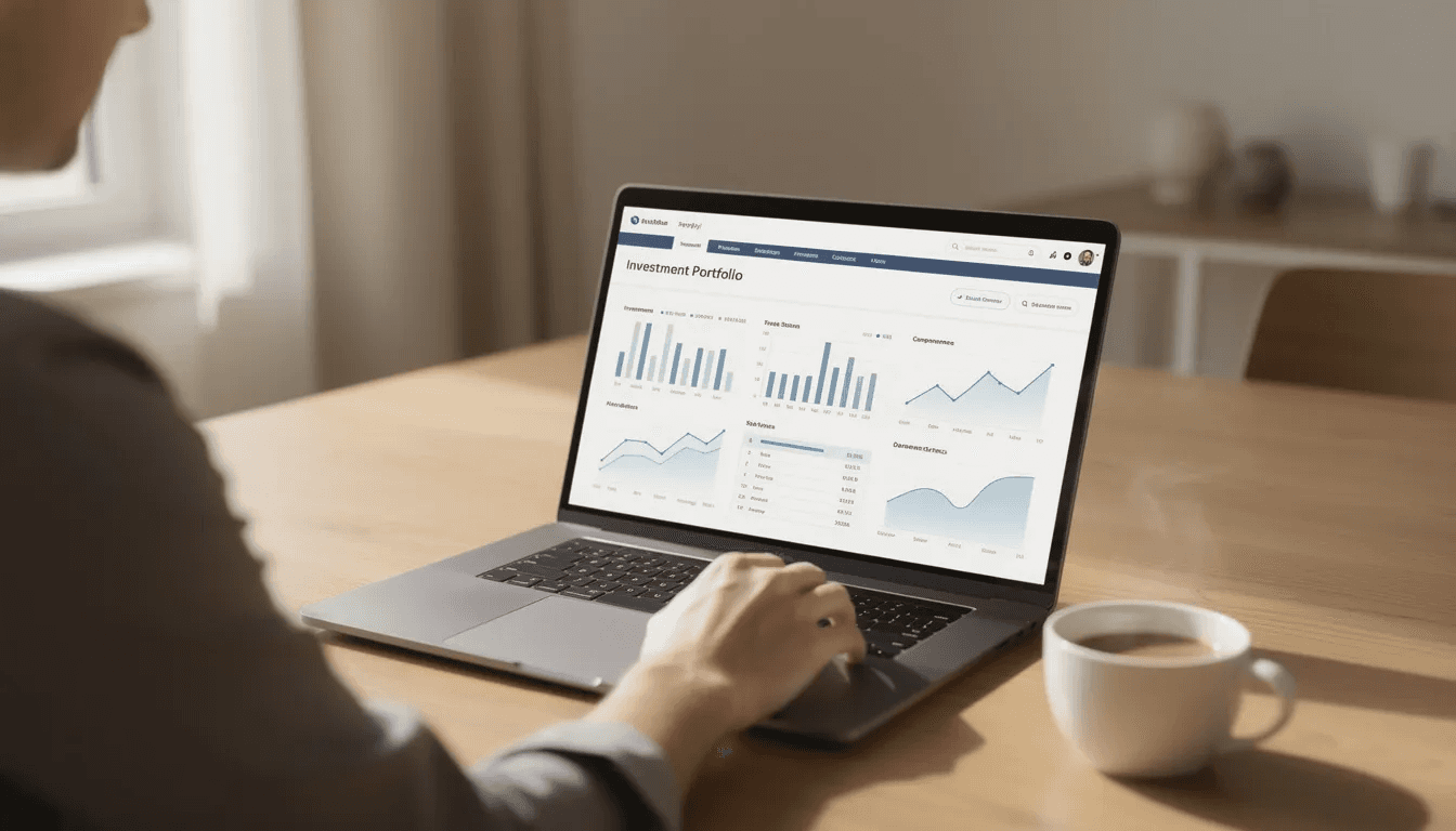 A person is seated at a table, reviewing their investment portfolio on a laptop while sipping coffee from a nearby cup. The scene suggests a focus on financial management, possibly involving asset allocation and investment strategies for retirement savings.