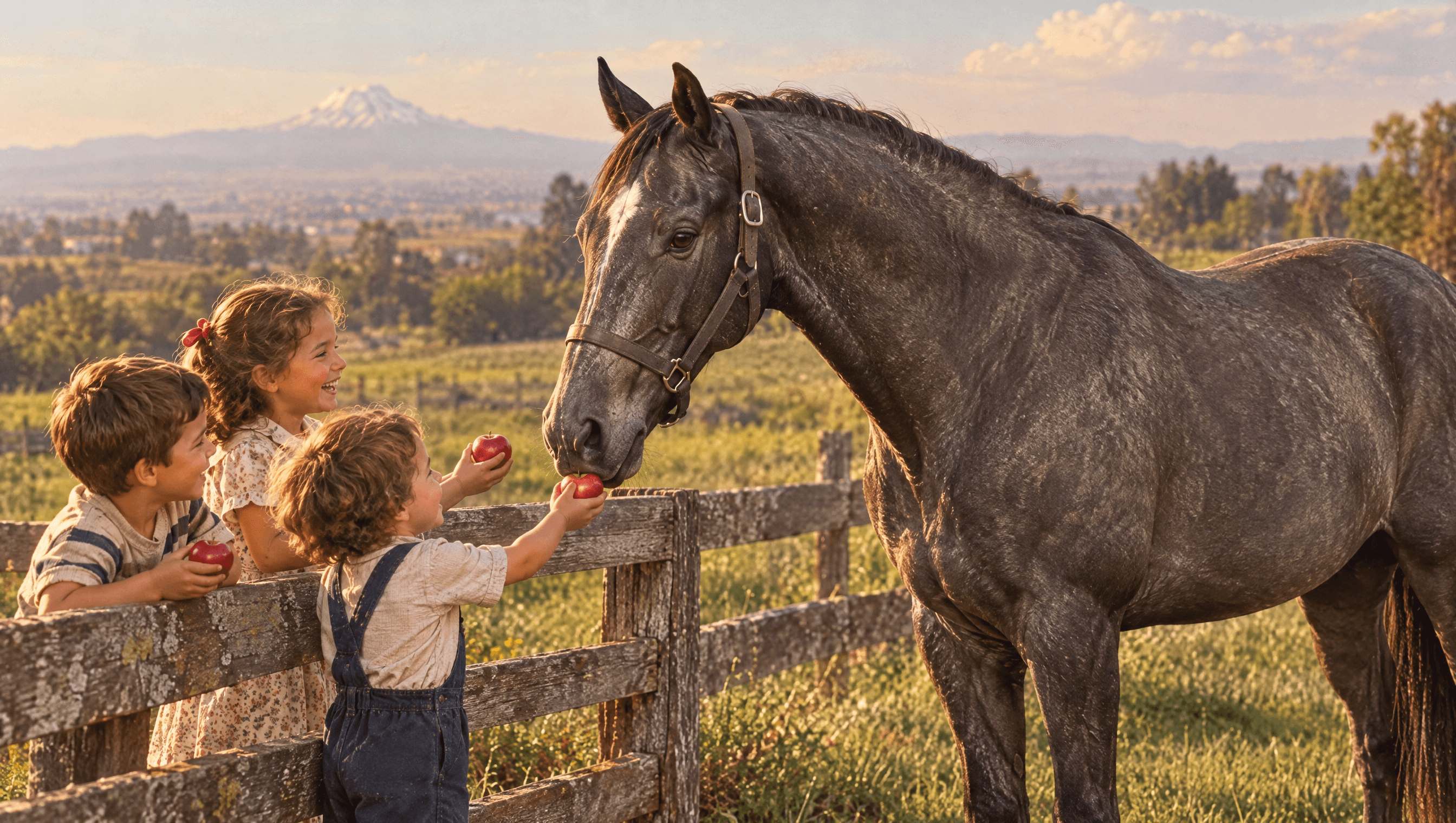 In warm colour, an old dapple grey horse at a fence takes red apples from three small children, a volcano on the horizon