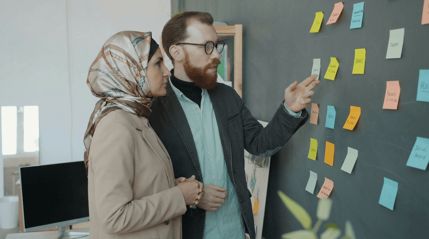 A Muslim marketing strategist and web designer collaborating on a comprehensive digital growth plan using a sticky-note roadmap.