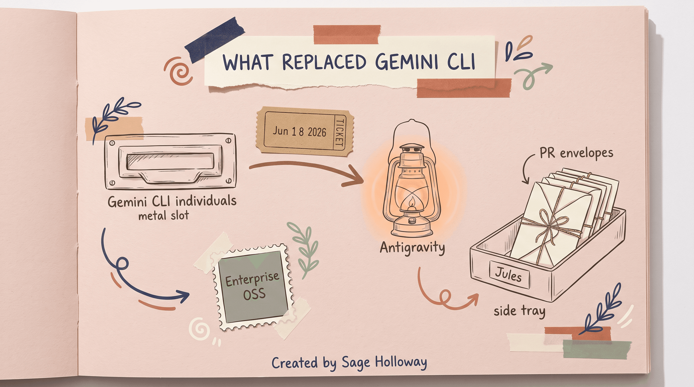 Scrapbook diagram of Gemini CLI sunset for individuals versus Antigravity CLI and Google Jules