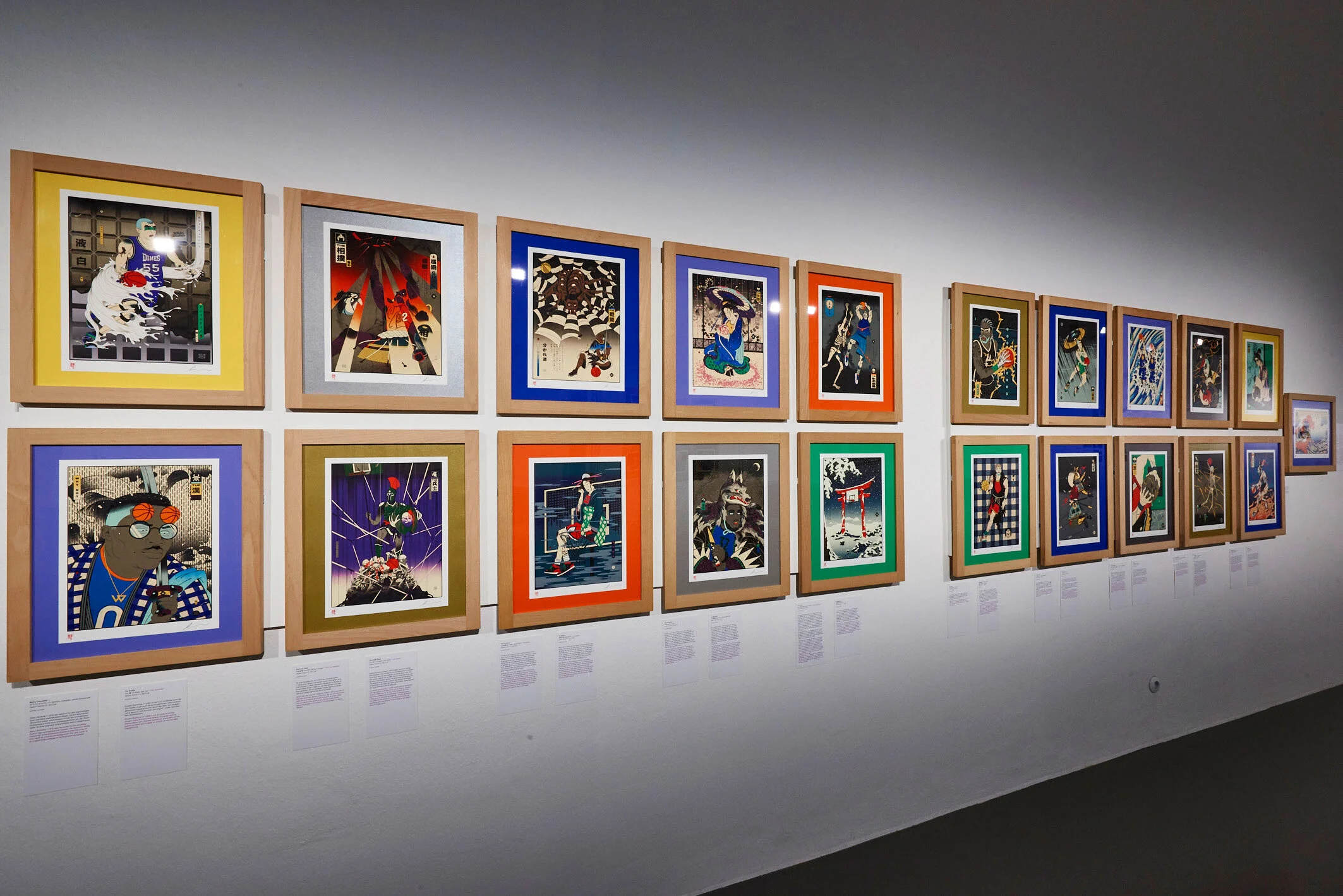 Edo Ball exhibition wall showing framed ukiyo-e inspired basketball illustrations by Andrew Archer.