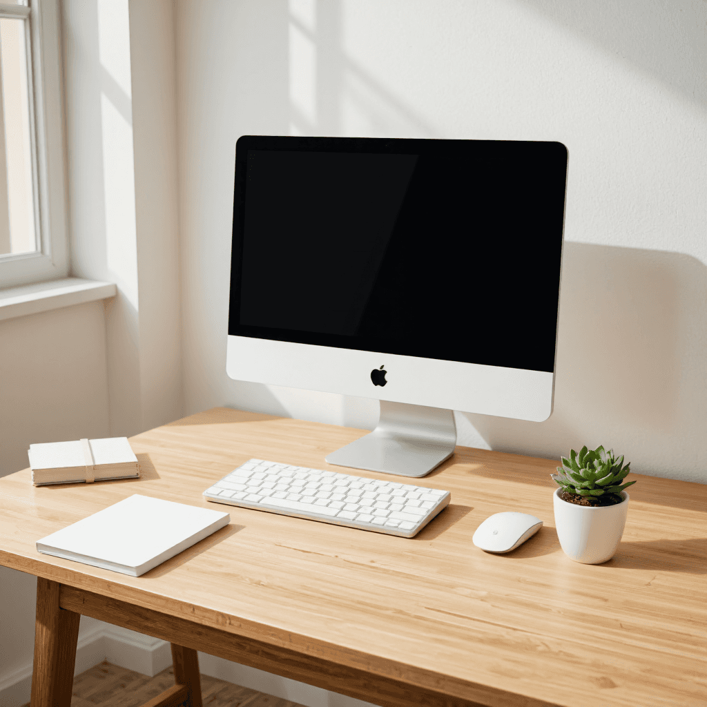 product photography of a desktop computer with a monitor, keyboard, and mouse