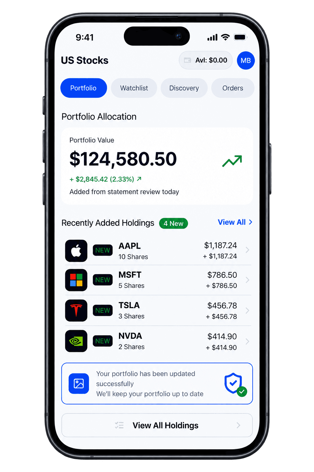 Mobile UI mockup of financial app