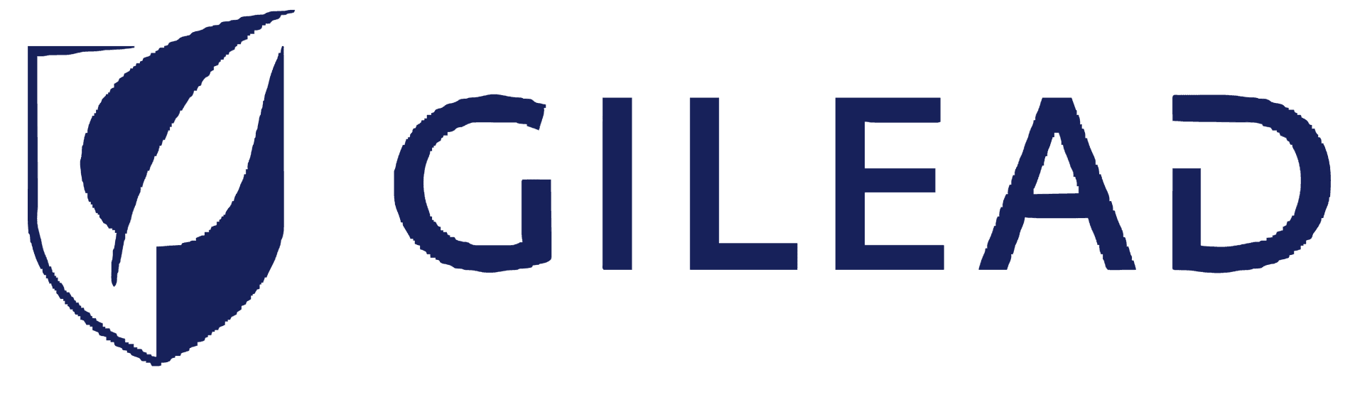 The image features the Gilead Sciences logo, showcasing a dark blue emblem of a stylized leaf or feather next to the company name in bold, uppercase blue lettering.