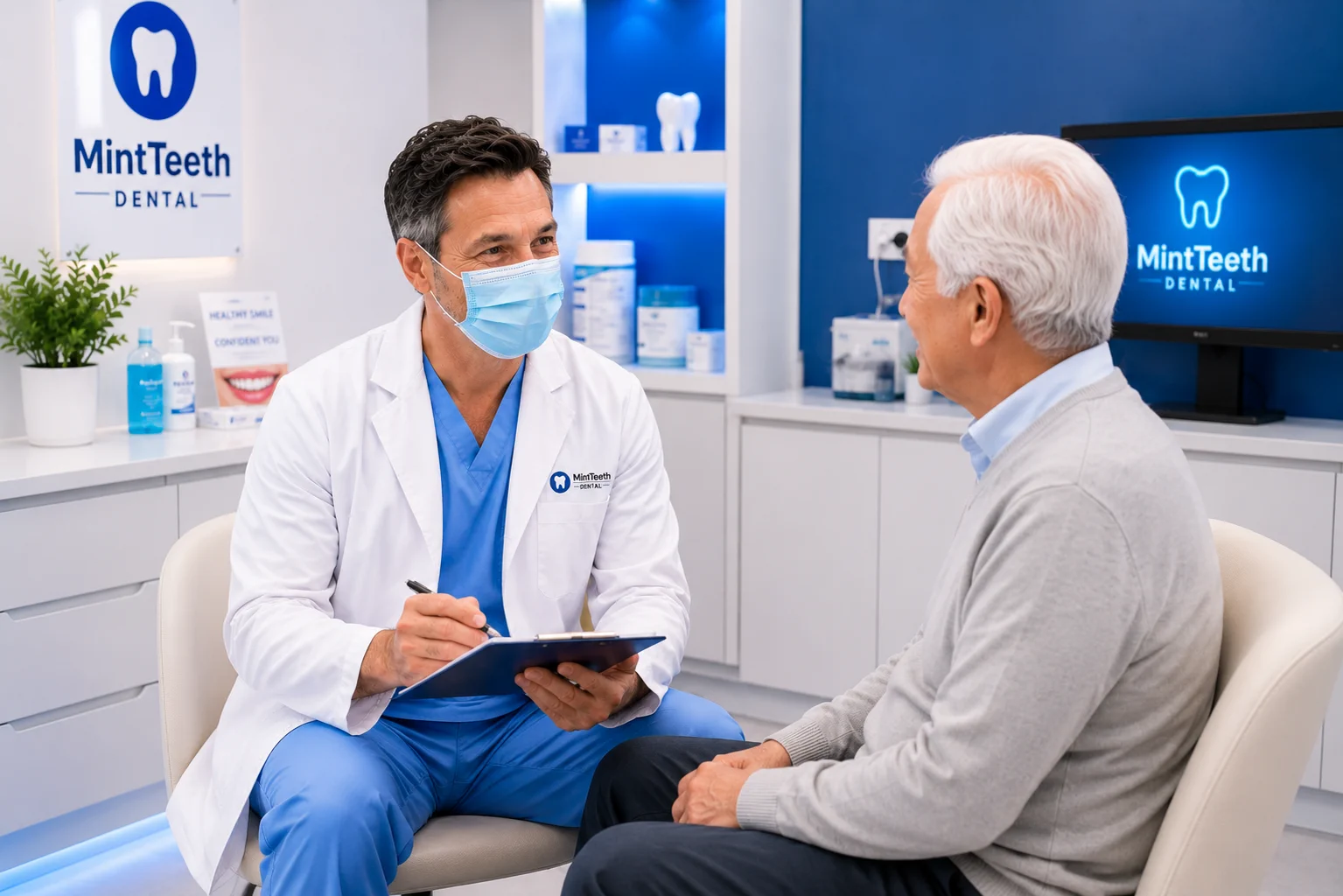 Dentist consulting an elderly patient during a dental implant appointment