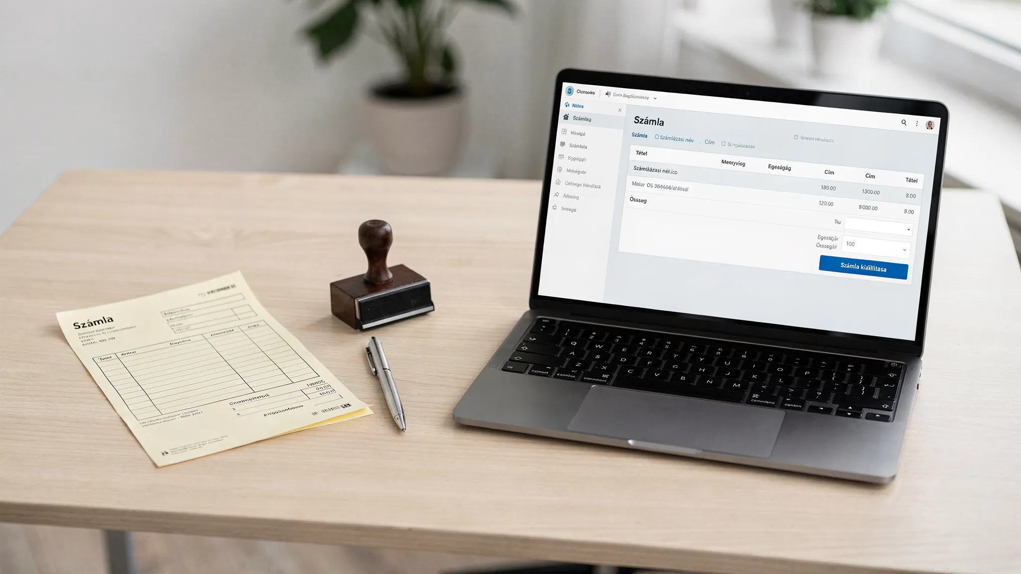 Egy asztalon papír számlatömb, bélyegző és toll mellett egy nyitott laptop online számlázó felülettel; a jelenet a papír és digitális számlázás közti választást szemlélteti.