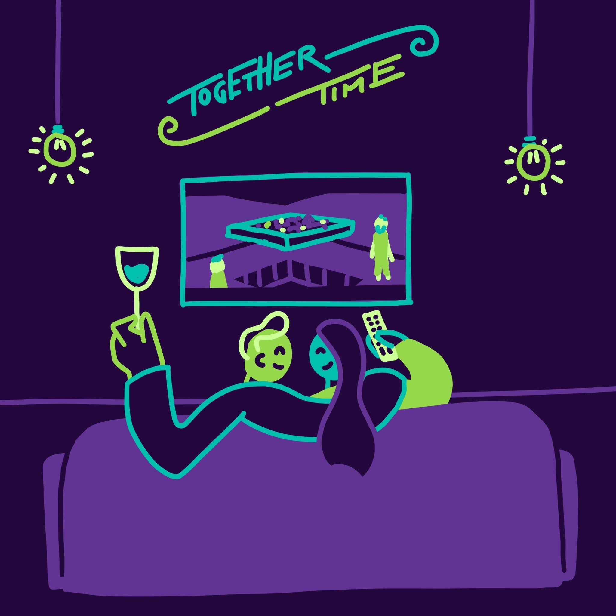 Funny illustration that shows a couple enjoying a night to watch something on the television together.