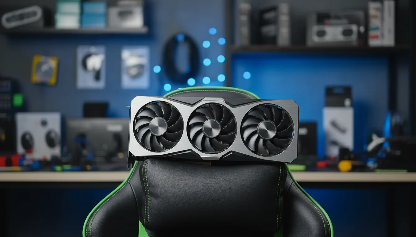 DSLR photography of a modern triple-fan GPU with a silver and black shroud, resting on the headrest of a black and neon green gaming chair. The shot is a medium close-up with a shallow depth of field, putting the graphics card in sharp focus. The background is a softly blurred workshop with shelves filled with computer hardware boxes, illuminated by a cool blue light, creating a strong bokeh effect. Soft studio lighting highlights the brushed metal and matte plastic textures of the GPU.