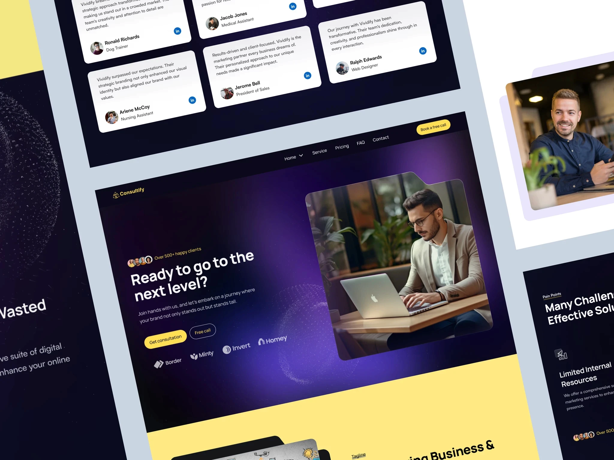 Consultify marketing consultant website template with dark and yellow theme, testimonials, hero section, and CTA buttons.