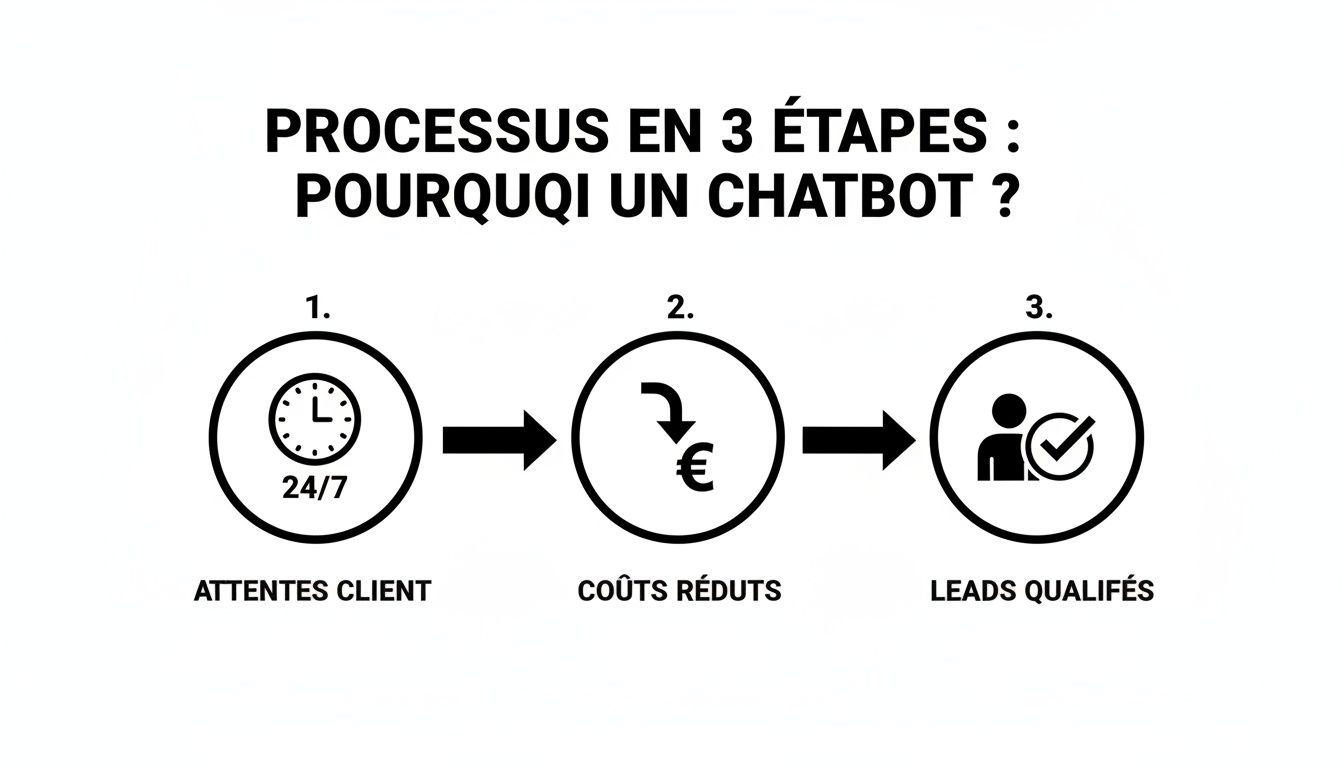 Schéma expliquant les 3 avantages d'un chatbot : disponibilité 24/7, coûts réduits et leads qualifiés.