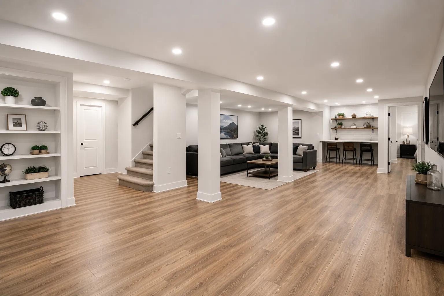 a kitchen with white cabinets and marble counter tops