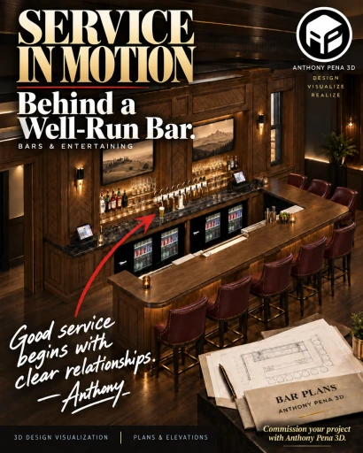 Concept tavern-bar cover showing the service aisle behind a wraparound counter.