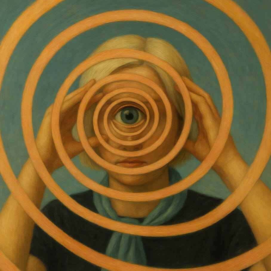 Surreal image of a woman seen through concentric target-like rings — reflecting Ana Friedrikhson’s focus as a psychologist who sees into the core.