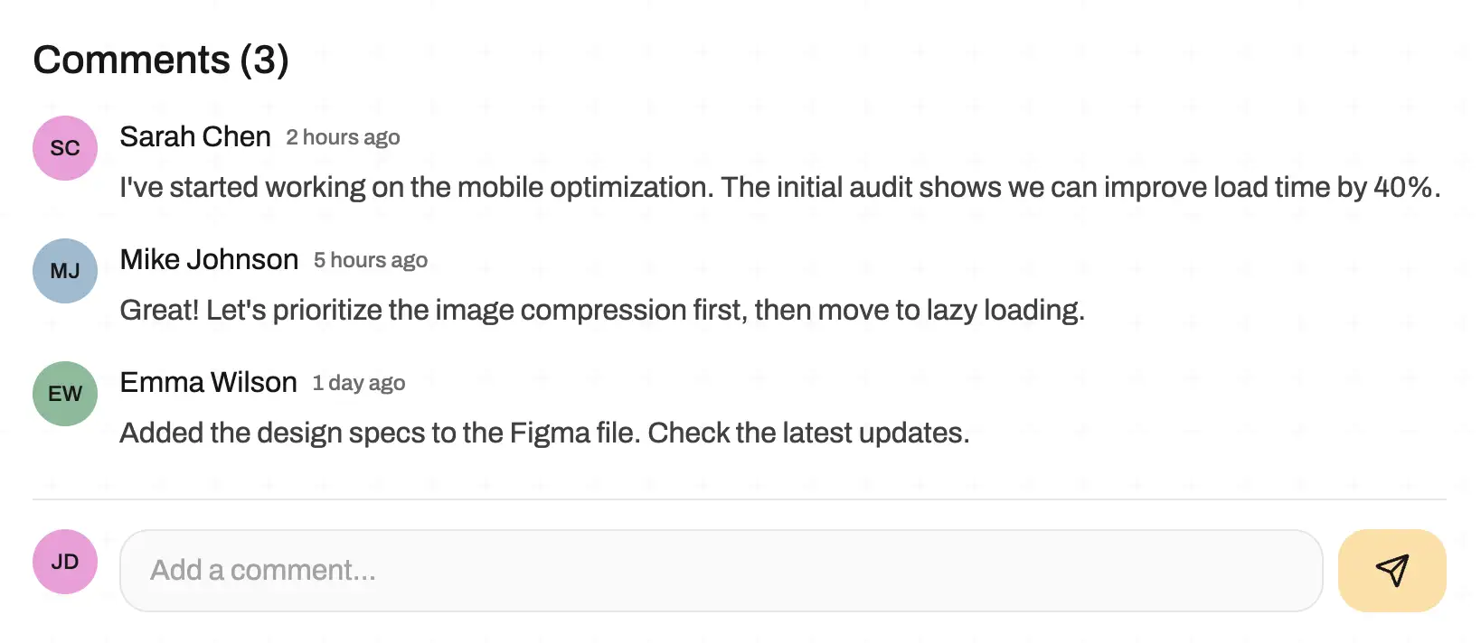 A user interface mock-up of a comments section