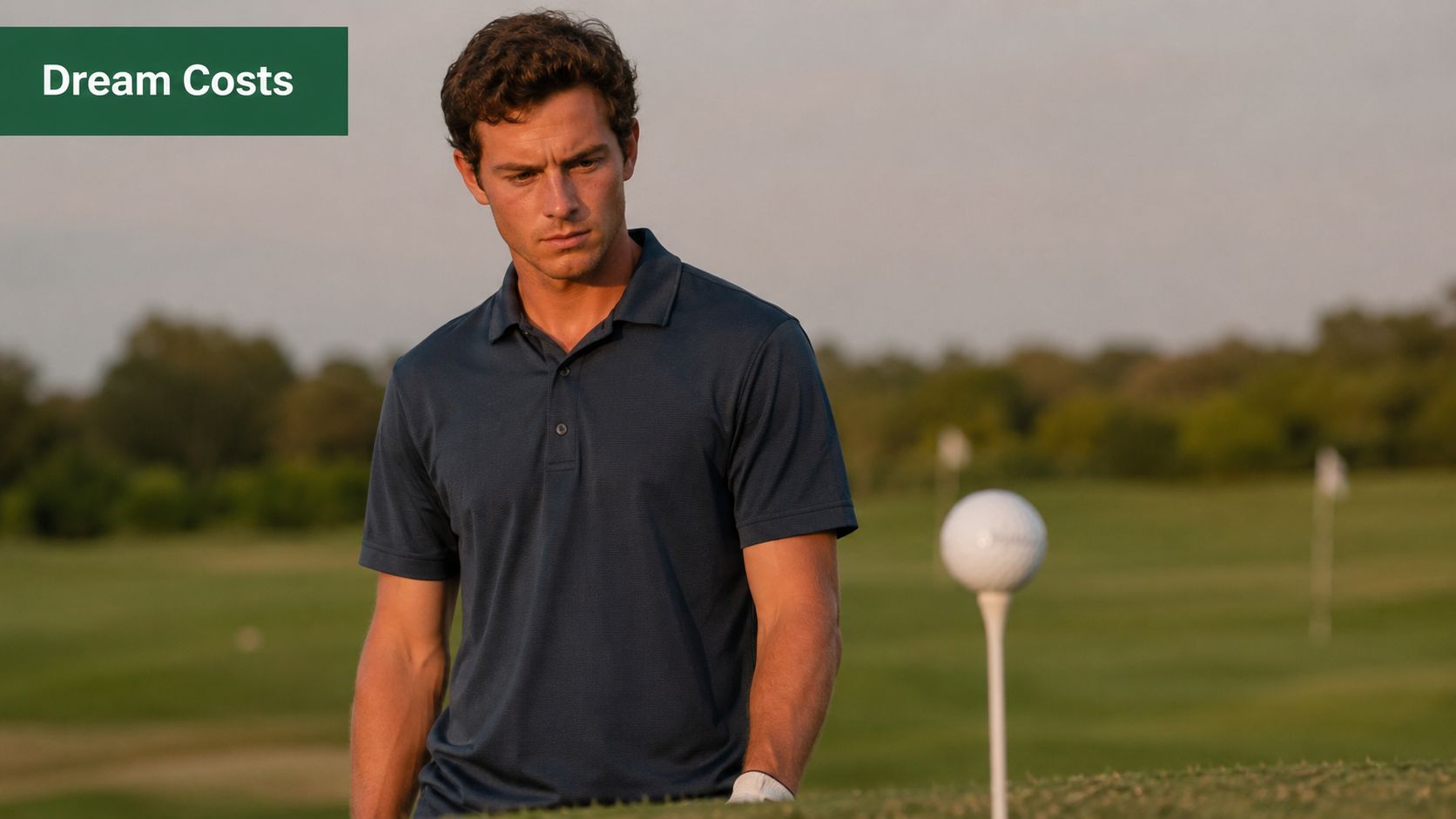 A focused man wearing a navy blue polo shirt standing on a golf course near a tee.