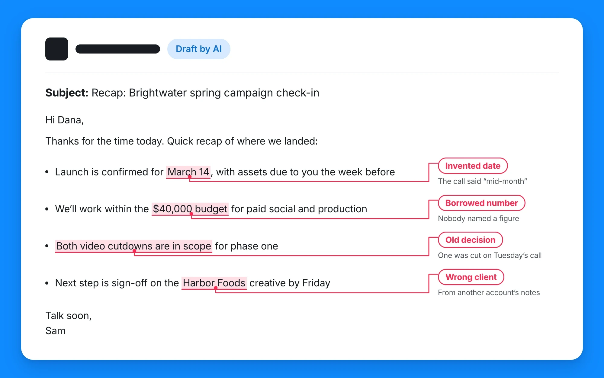 A mock AI-written client recap email with four mistakes highlighted in red: an invented launch date, a budget nobody agreed, a decision that was reversed on a later call, and another client's name.