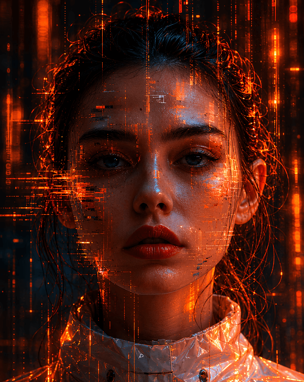 Cyberpunk portrait with glowing glitches designed by OQS
