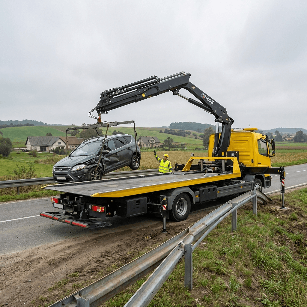 autolaweta Mago Car z dźwigiem HDS na drodze krajowej