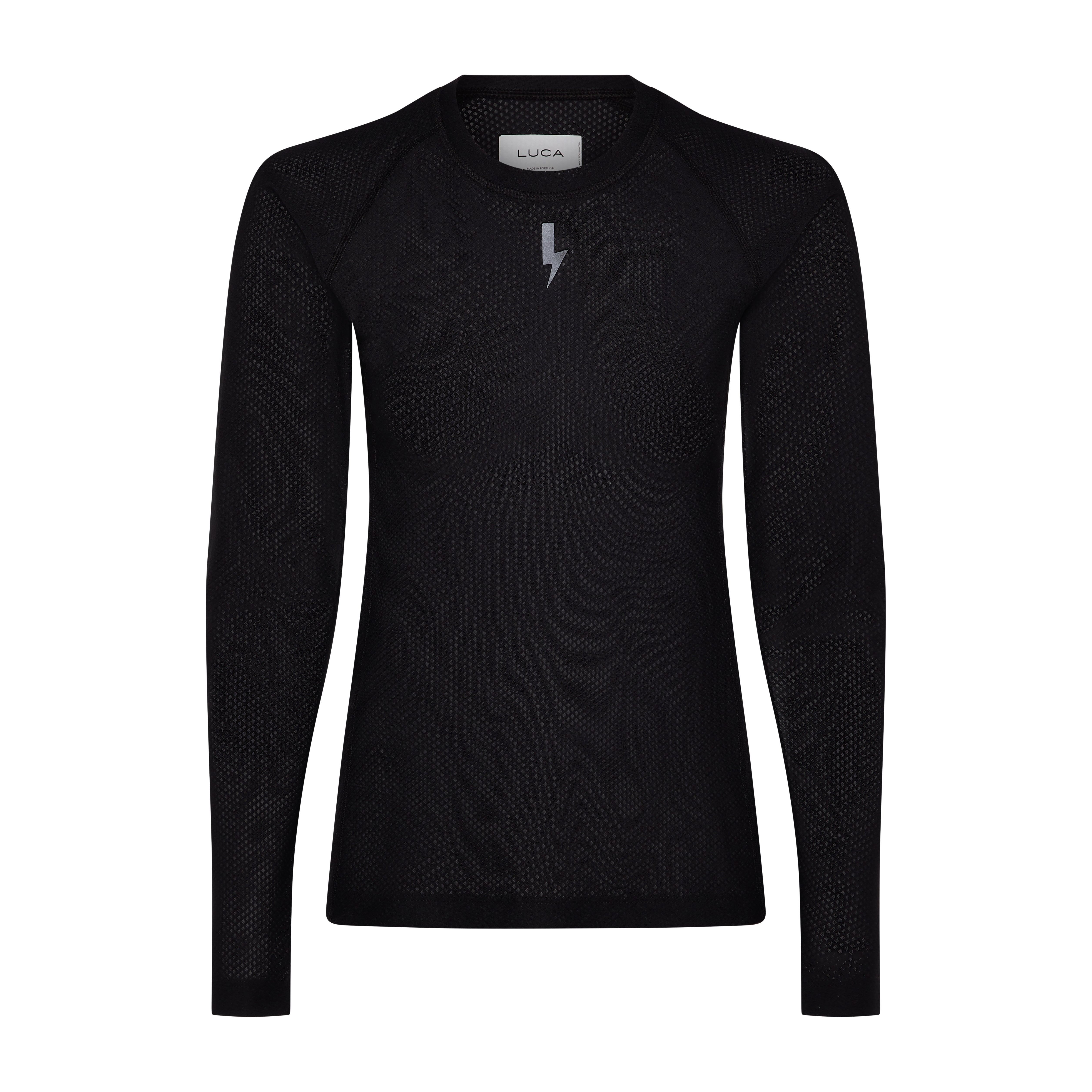 Flat-lay-of-the-black-long-sleeve-base-layer-top-against-white-background-The-shirt-features-a-subte-all-over-textured-pattern-raglan-sleeves-and-a-small-silver-lighting-bolt-sign-cenered-on-the-chest-the-neck