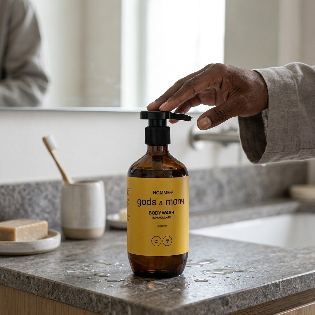 Men's body wash bottle — HOMME The Wash Up detail