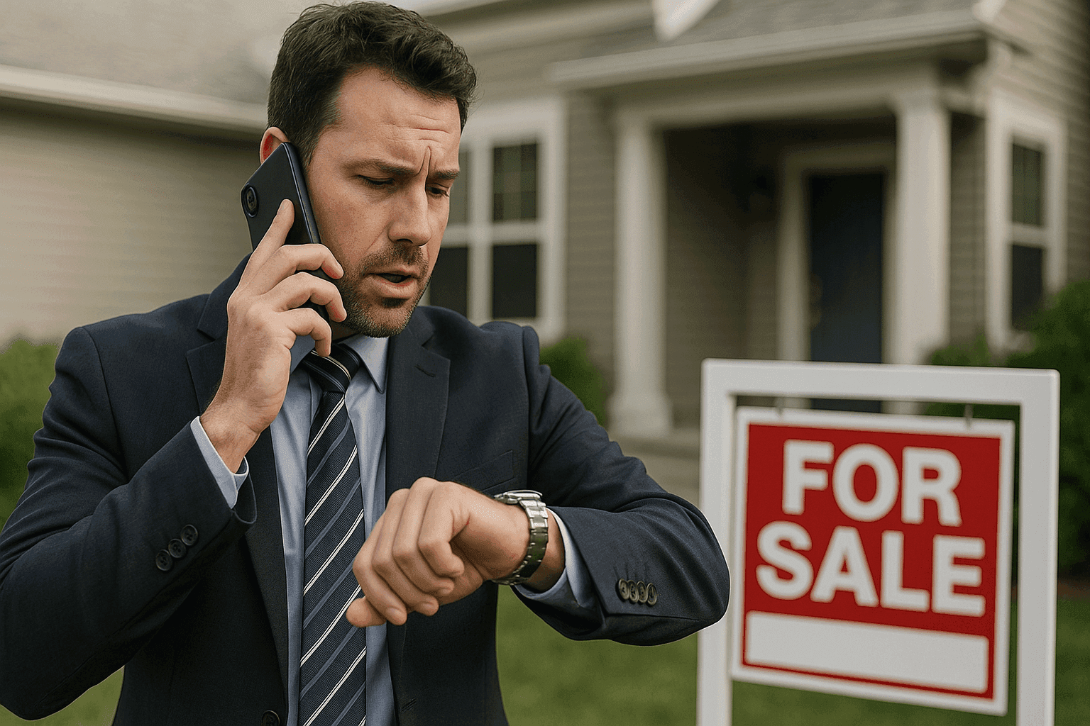 Real estate agent talking on a cell phone and looking at his watch