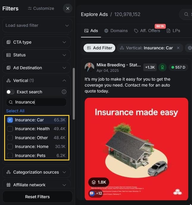 AdPlexity Social, Explore, Ads, Country United States, Last 30 Days: the Vertical filter lists the five insurance lines with their US counts