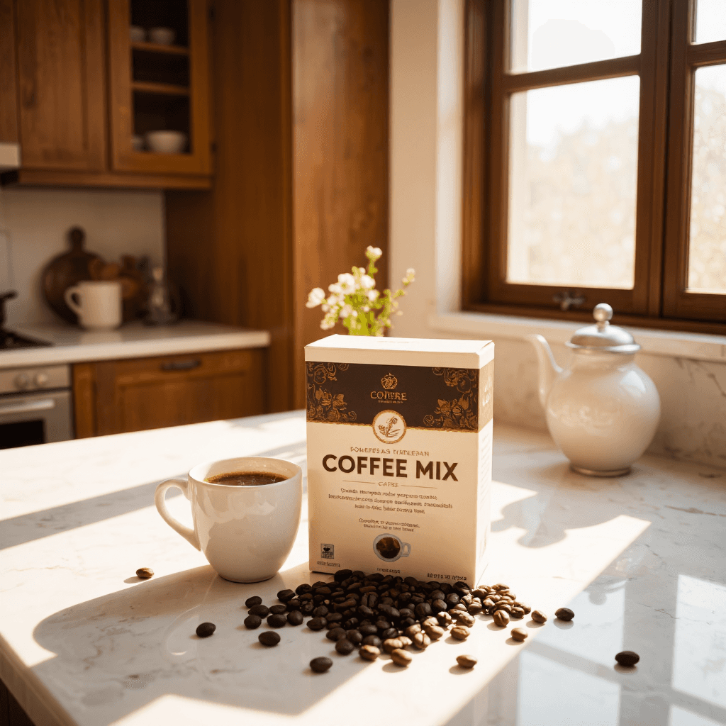 product photography of box of coffee mix