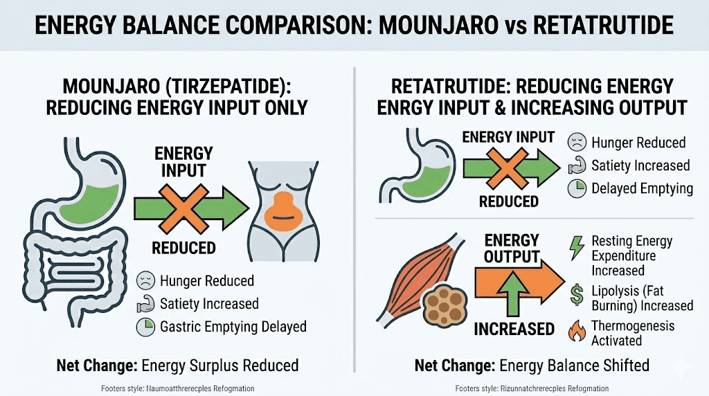 How retatrutide triple agonist increases energy expenditure compared to Mounjaro
