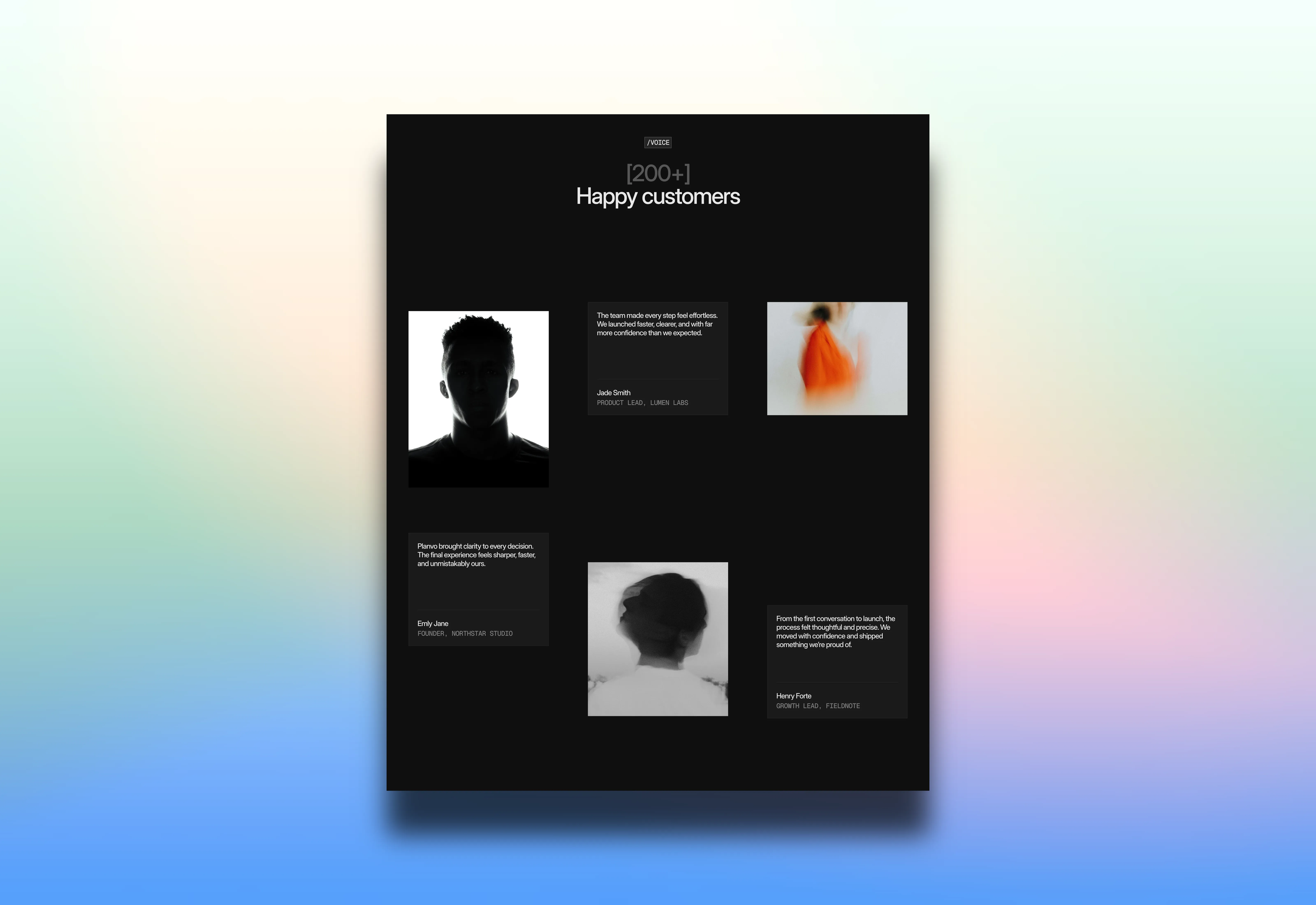 Minimal and bold testimonials section for Framer designed in dark theme and optimized for large screens.