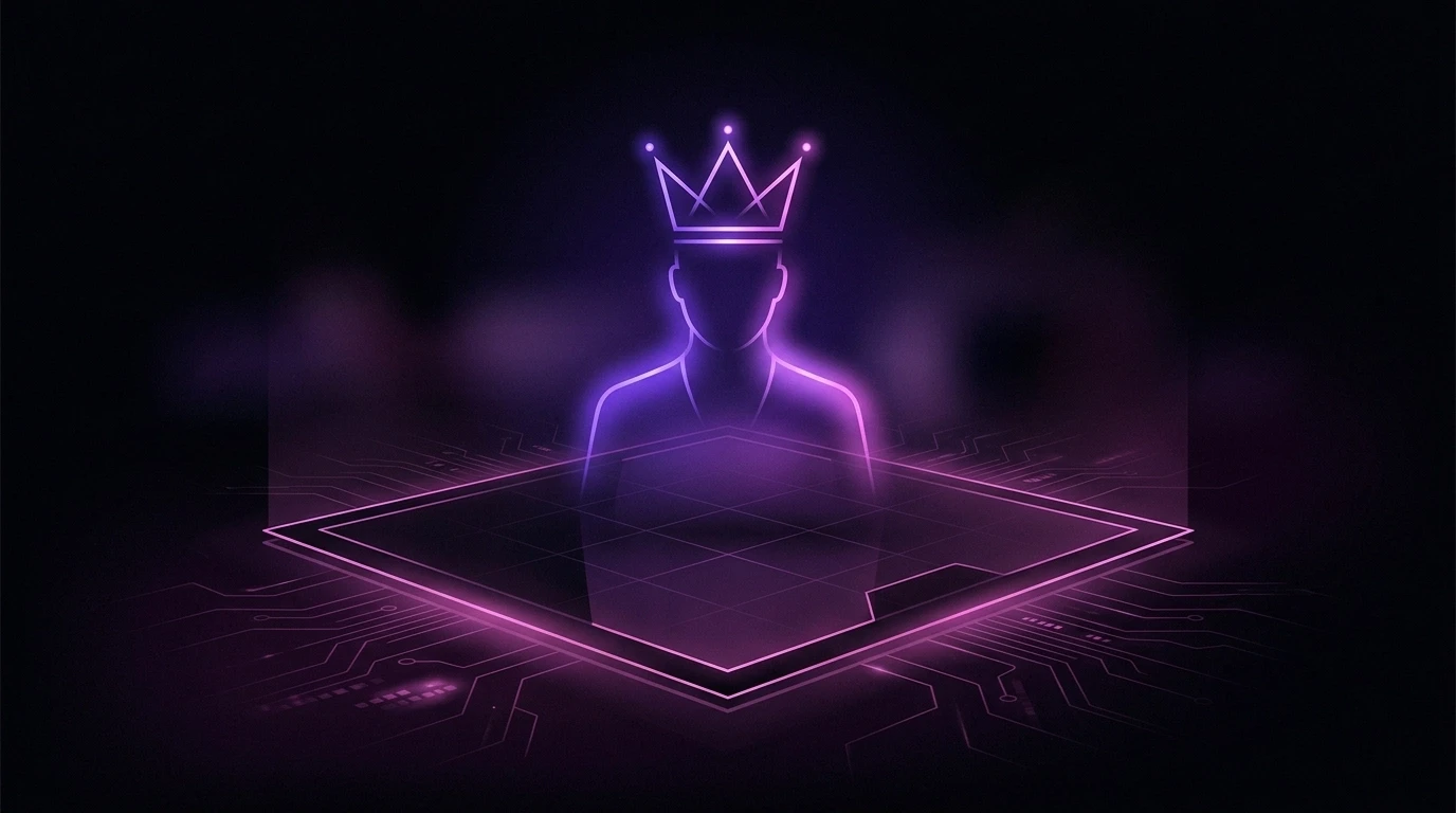 A stylized, glowing violet user silhouette wearing a crown, floating above a sleek digital surface with faint magenta outlines. This represents the 'Senior-Level Authority' and expert guidance offered by a high-end digital agency.