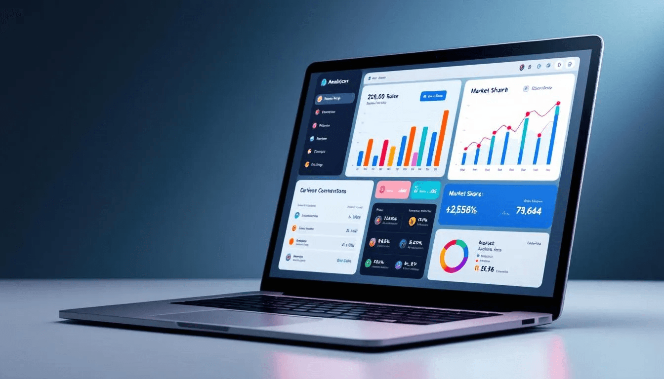 The image depicts a business analytics dashboard filled with performance metrics and various charts, highlighting key trends and data essential for sales leaders and marketing departments. This dashboard serves as a critical tool for companies to streamline operations and enhance customer interactions through effective use of ai voice agents and automation.
