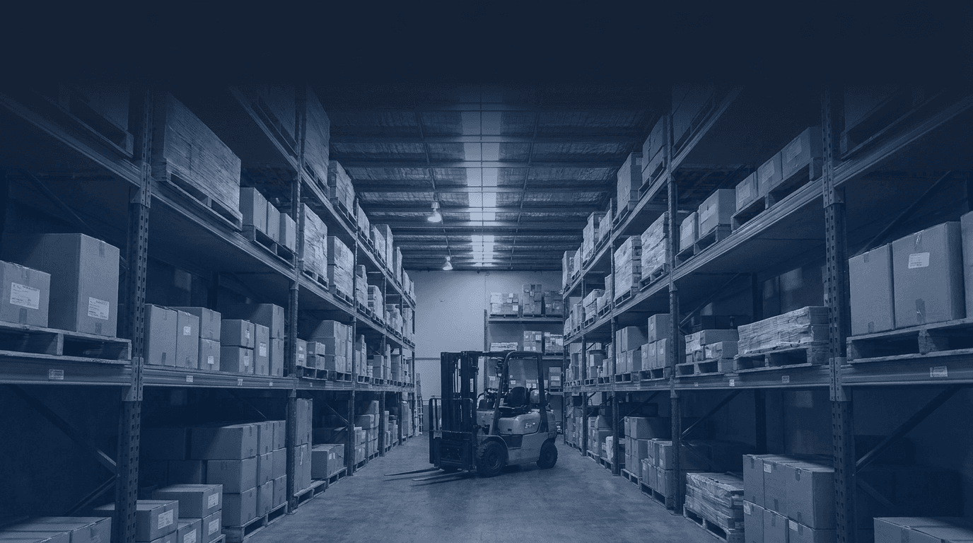 Fully stocked warehouse aisle with forklift, Australian small business