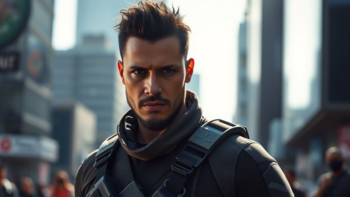 Warrior's determined gaze in modern tactical gear.